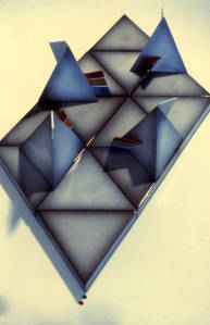 Prisms. Slip cast white earthenware with airbrushed and transfer printed onglaze enamel. 1976.